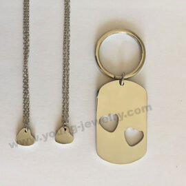 Personalized Dog Tag Keyrings w/ Two Cutout Hearts Necklace