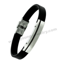Black Leather w/ Plate Personalized Bracelets for Him