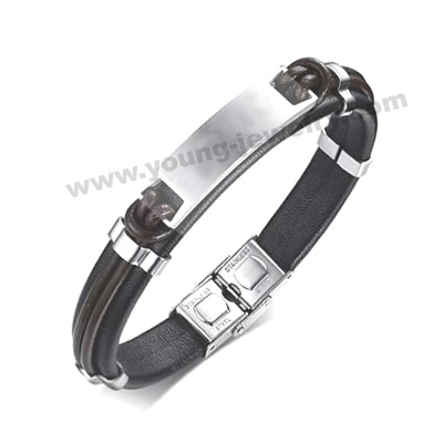 Black Leather w/ Steel Plate Personalized Bracelets