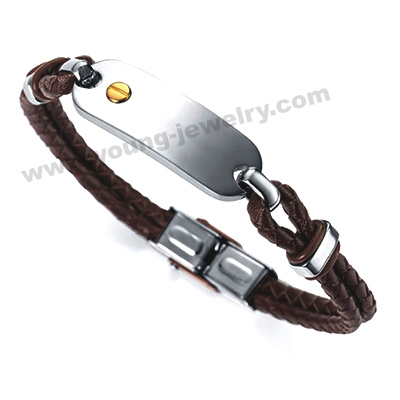 Brown Leather w/ Steel Plate Personalized Bracelets for Him