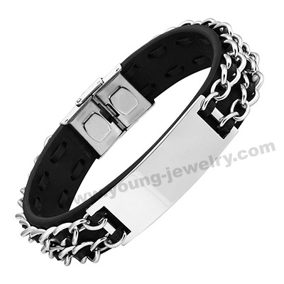 Black Leather & Steel Chain w/ Plate Personalized Bracelets