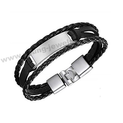 Black Muti Leather w/ Plate Custom Bracelets for Him