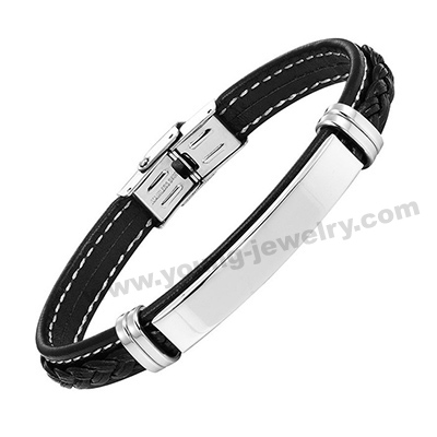 Black Leather w/ Steel Plate Personalized Bracelets