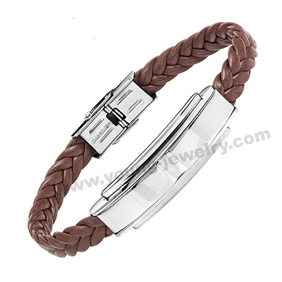 Brown Leather w/ Steel Plate Custom Bracelets for Him