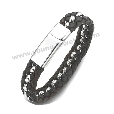 Black Leather & Chain w/ Buckle Personalized Bracelets for Him
