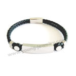 Black Leather Custom Bracelets w/ silver id For Him in Stainless Steel
