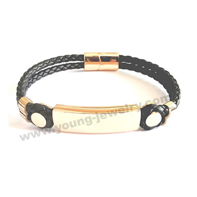 Black Leather Custom Bracelets For Him in Stainless Steel