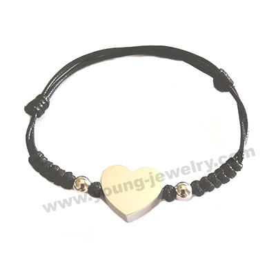 Personalized Heart & Steel Ball w/ Black Rope Bracelets