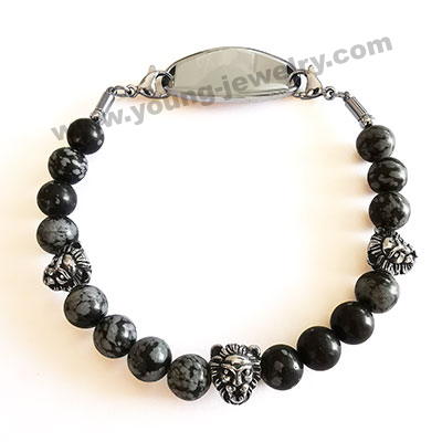 Alabaster Beads & Lions Charm w/ Custom ID Bracelets for Him