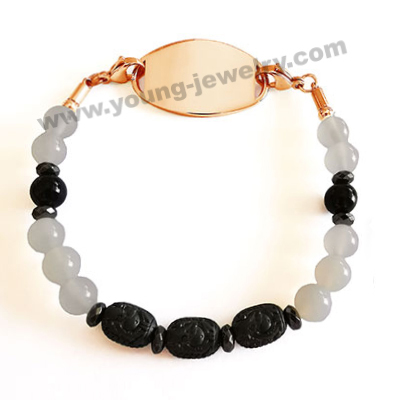 Agate Beads & Elephant Charm w/ Custom Rose Gold ID Bracelets