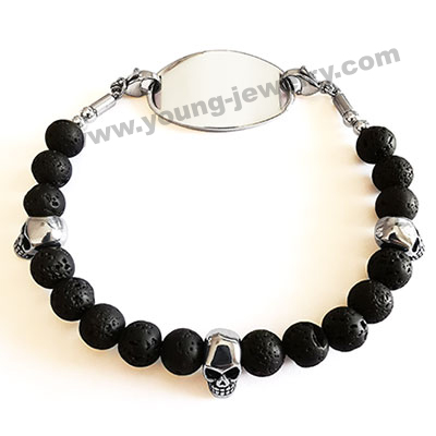 Lava Beads & Skull w/ Personalized ID Bracelets for Him