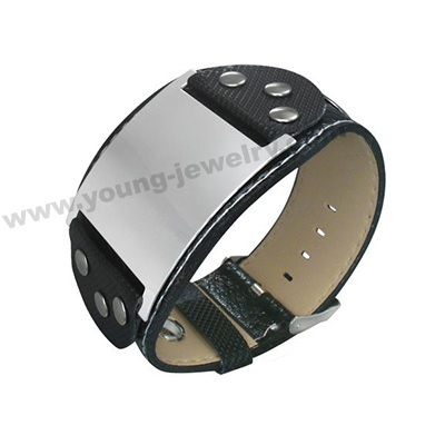 Custom Engraving Black Leather ID Bracelets for Fashion Men