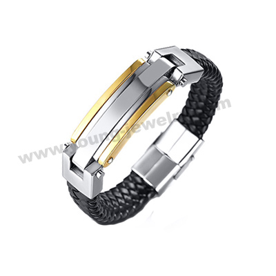 Black Leather w/ Steel Two Tone Picture Engraved ID Bracelets