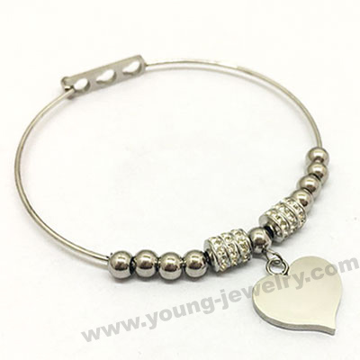 Circle Wire w/ Beads & Engraved Heart Charm Bracelet