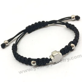 Custom Black Braided Rope Bracelet w/ Steel Cross Charm