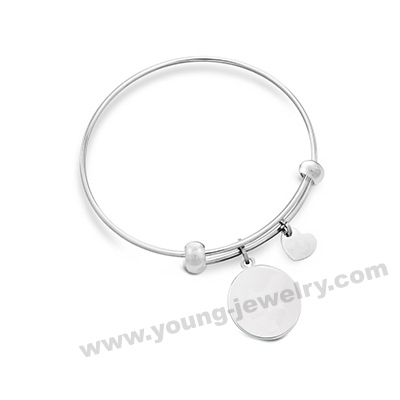 Stainless Steel Expandable Bangle w/ Circle & Heart Charms