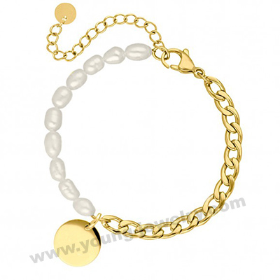 Gold Plated Chain & Pearl w/ Custom Circle Charm Bracelet for Her