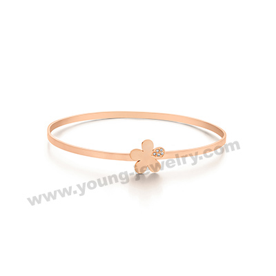 Rose Gold Bangle w/ Engraved Flower Charm for Her