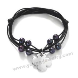 Muti Black Cord w/ Engraved Four Leaf Clover Charm & Beads Bracelet