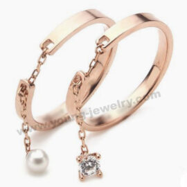 Rose Gold Couple Bangle Match Extender Chain w/ Pearl & Stone
