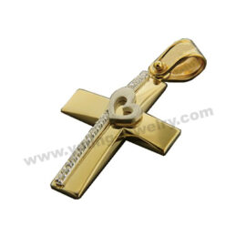 CZ Steel Gold Plated Cross Pendant w/ Silver Heart Charm