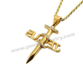 Stainless Steel Gold Plated Nail Cross Pendant w/ Letter JESUS