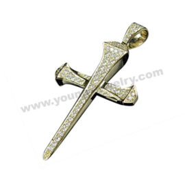 Stainless Steel Gold Plated Nail Cross Pendant w/ CZ