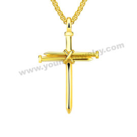 Steel Gold Plated Nail Cross Pendant w/ Cable Chain