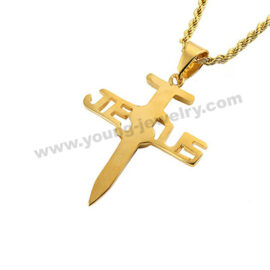 Gold Plated Nail Cross Pendant w/ Letter JESUS Crossed