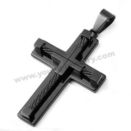 Black Plated Steel Cross Pendant w/ Cable Wire