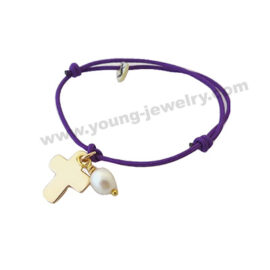 Purple Rope w/ Gold Cross Charm & Pearl Bracelet