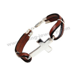 Brown Leather w/ Steel Silver Cross Charm Bracelet