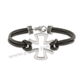 Black Leather w/ Steel Polished Silver Cross Charm Bracelet