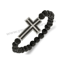 Black Lava Stone Bracelet w/ Two Tone Cross Charms