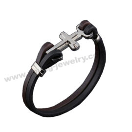 The Black Two Strands of Leather Bracelet w/ Steel Cross Charm