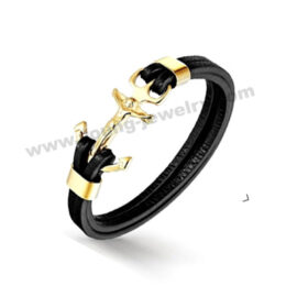 Two Black Strands of Leather Bracelet w/ Gold Jesus Charm