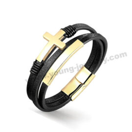 Classic Gold Plated Cross w/ Plate & Black Leather Bracelet
