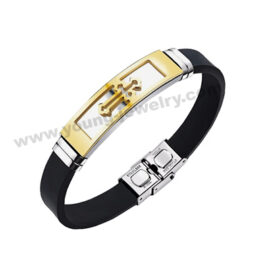 Black Silicon Band w/ Laser Cut Cross on Gold Plate Bracelet