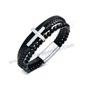 Cross Leather Braided Black Beads Bracelet for Men