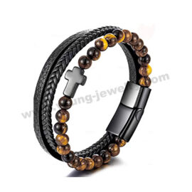 Black Cross Leather Braided Tiger Eye Stone Bracelet