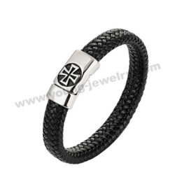 Black Braided Leather w/ Steel High Polished Etched Cross Bracelet