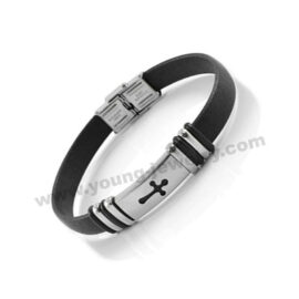 Steel Plate w/ Cut Out Cross Silicon Band Bracelet