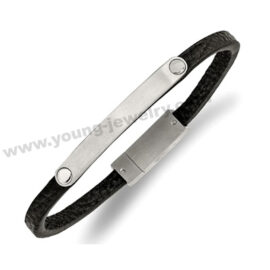 Stainless Steel Brushed Plate w/ Black Leather Bracelet