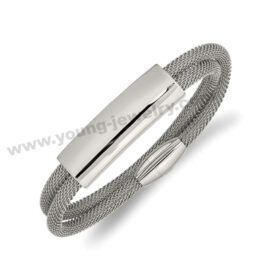 Stainless Steel Silver Chain w/ Polished Tube Engraved Bracelet