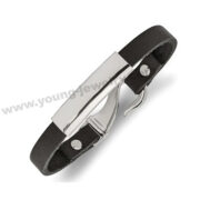 Stainless Steel Polished Plate & Hook w/ Black Leather Bracelet