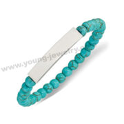 Stainless Steel Polished ID Plate Turquoise Bead Stretch Bracelet