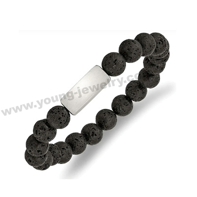 Stainless Steel Polished ID Lava Stone Bead Stretch Bracelet