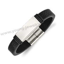 Steel ID Black Leather Engraved Bracelet Supplier in China