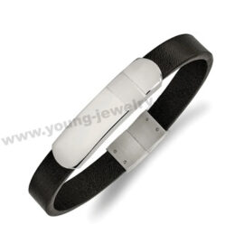 Polished Steel ID Black Leather Engraved Bracelet Jewelry Supplier