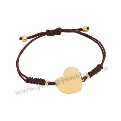 Rose Gold Heart Charm Brown Rope Engraved Bracelet